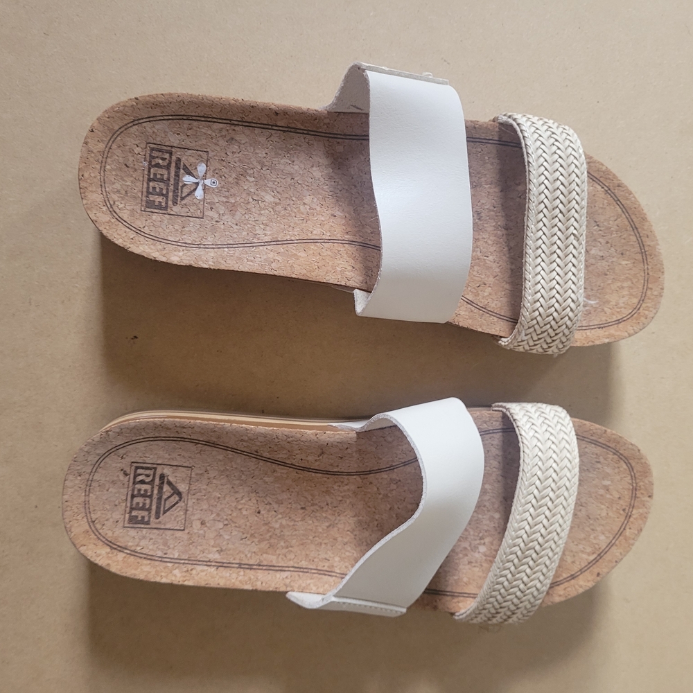 Reef White and Natural Braided Slide Sandals
